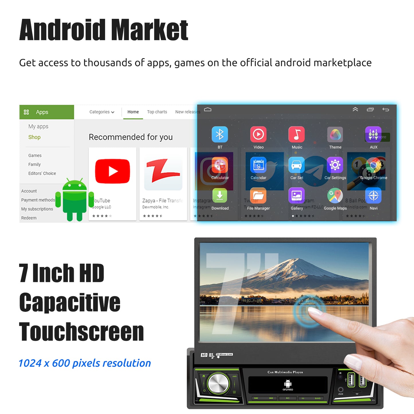 ESSGOO 1 DIN 7 Inch Flip Out Touchscreen 4+64G Android 14 Car Stereo Radio Apple Carplay GPS Navi Wifi FM RDS Bluetooth USB EQ