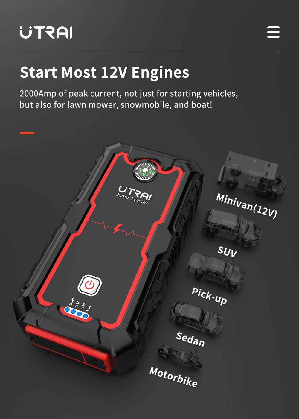 UTRAI Power Bank 2000A Jump Starter Portable Charger Car Booster 12V Auto Starting Device Emergency Car Battery Starter