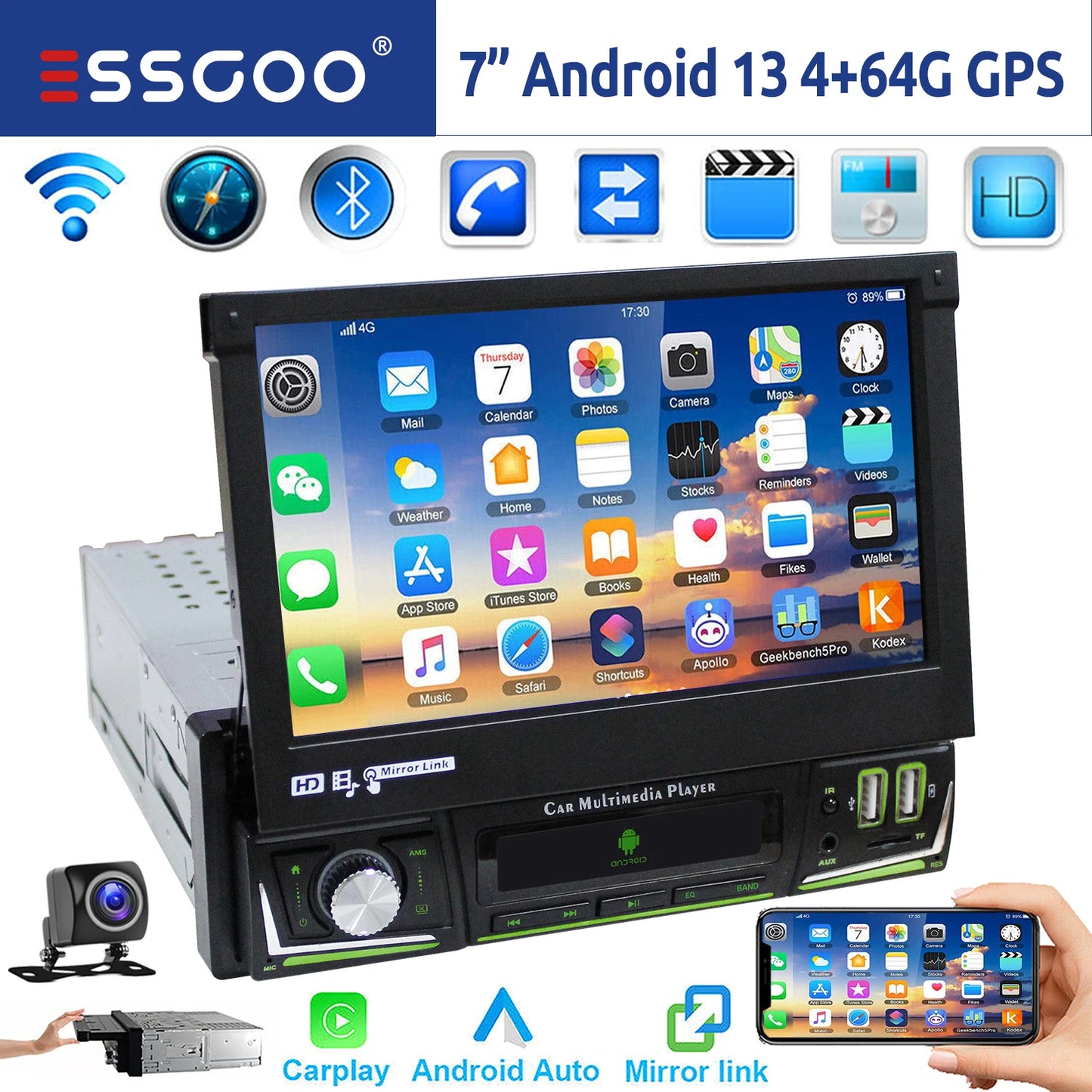 ESSGOO 1 DIN 7 Inch Flip Out Touchscreen 4+64G Android 14 Car Stereo Radio Apple Carplay GPS Navi Wifi FM RDS Bluetooth USB EQ