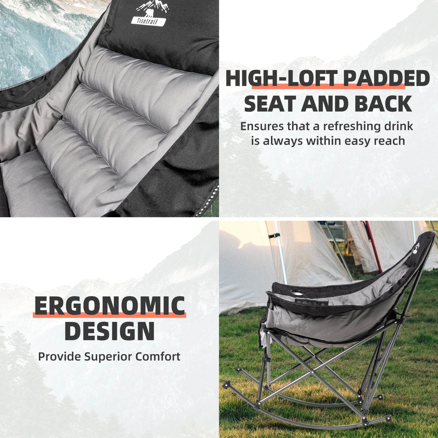 Tisetrail Oversized Rocking Camping Chair, Fully Padded Camp Chairs for Adults with Side Pocket and Cup Holder Heavy-Duty 400lbs
