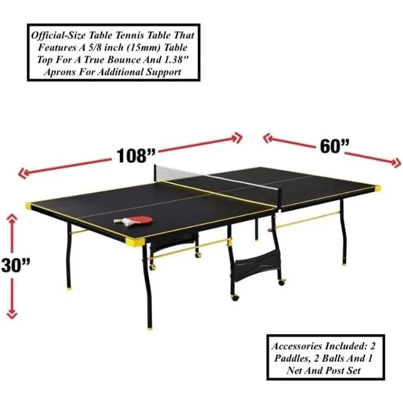Black Yellow Folding Rolling Table Tennis Table Indoor Ping Pong Table with 2 Paddles 2 Balls 1 Net and Post Set 4 Wheels