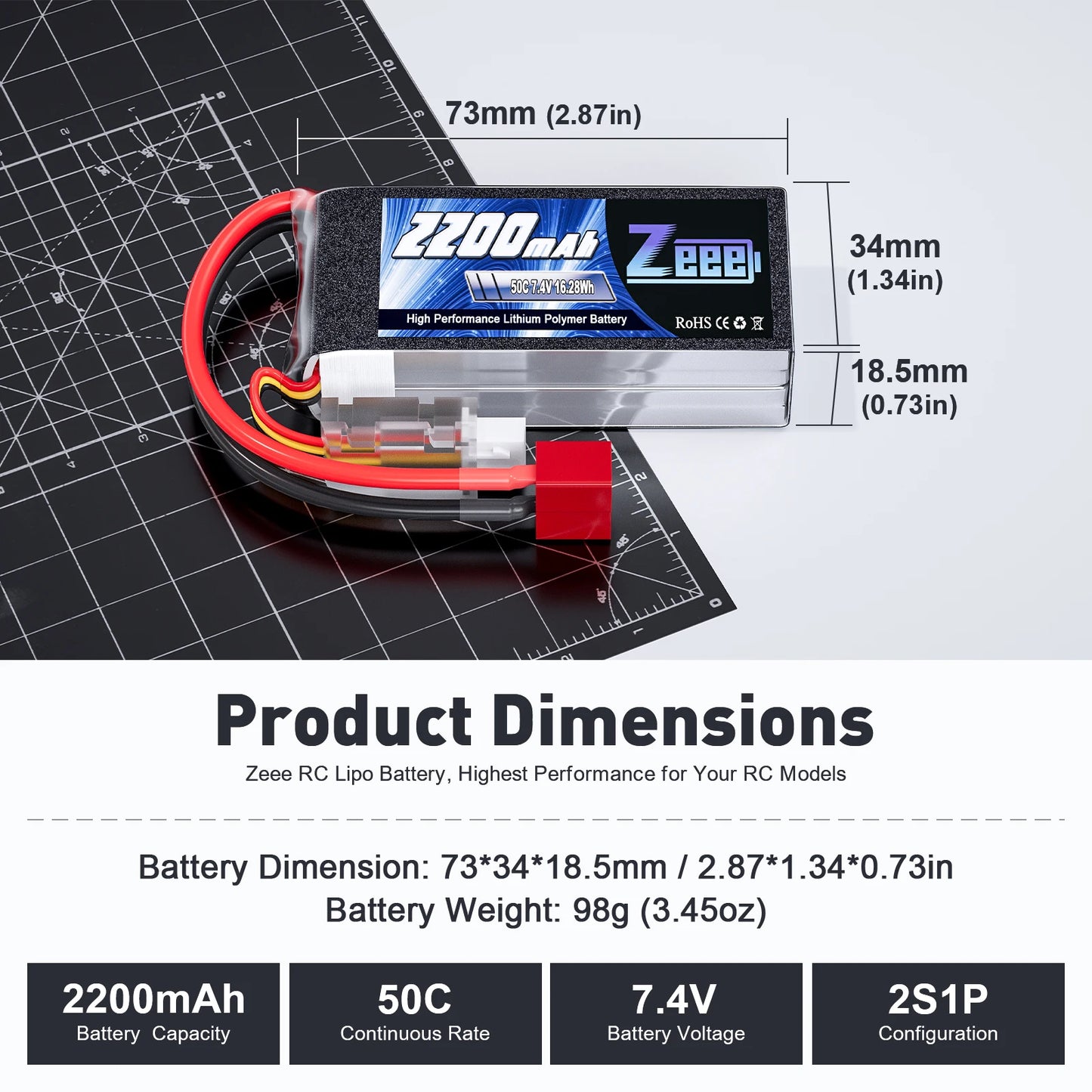 Zeee 2S 2200mAh RC LiPo Battery 7.4V 50C XT60 Plug Softcase