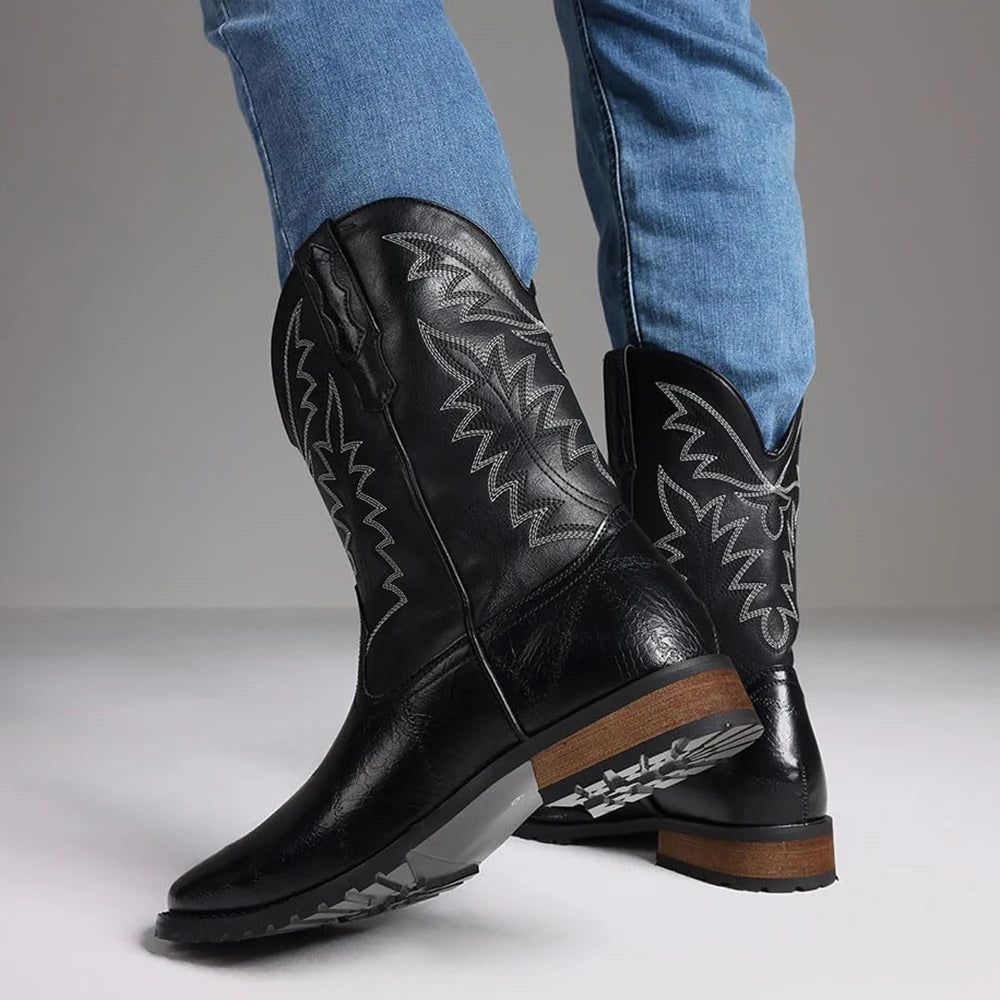 DoraTasia Plus Size12.5Fashion Retro Round Toe Chunky Heel Neutral Western Boots New Solid Color Concise Flame Embroidery Shoes