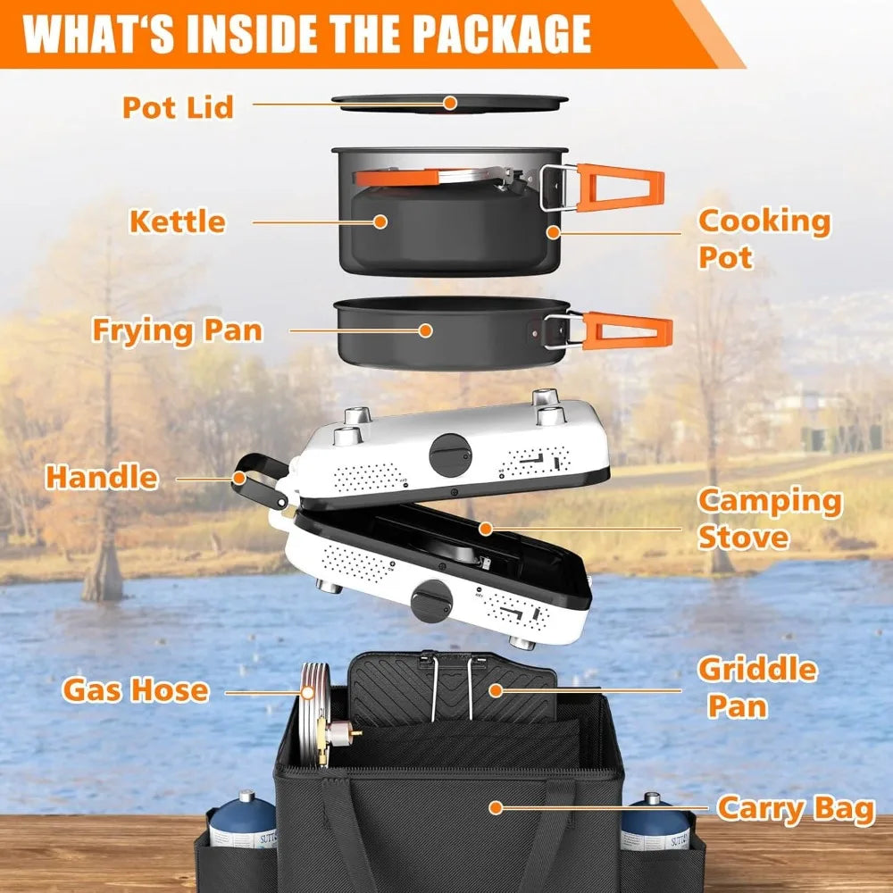 Portable 2-burner Camping Stove set Cookware, 20,000 BTU/h, outdoor cooking kit includes outdoor folding gas stove