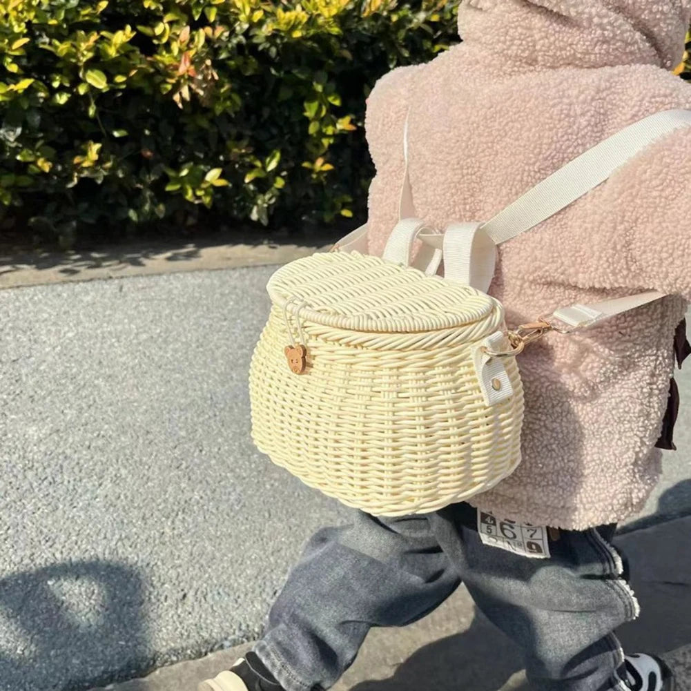 Bike Handwoven Basket Backpack with Lid Bike Scooter Tricycle Basket Adjustable Leather Straps Bicycle Accessories