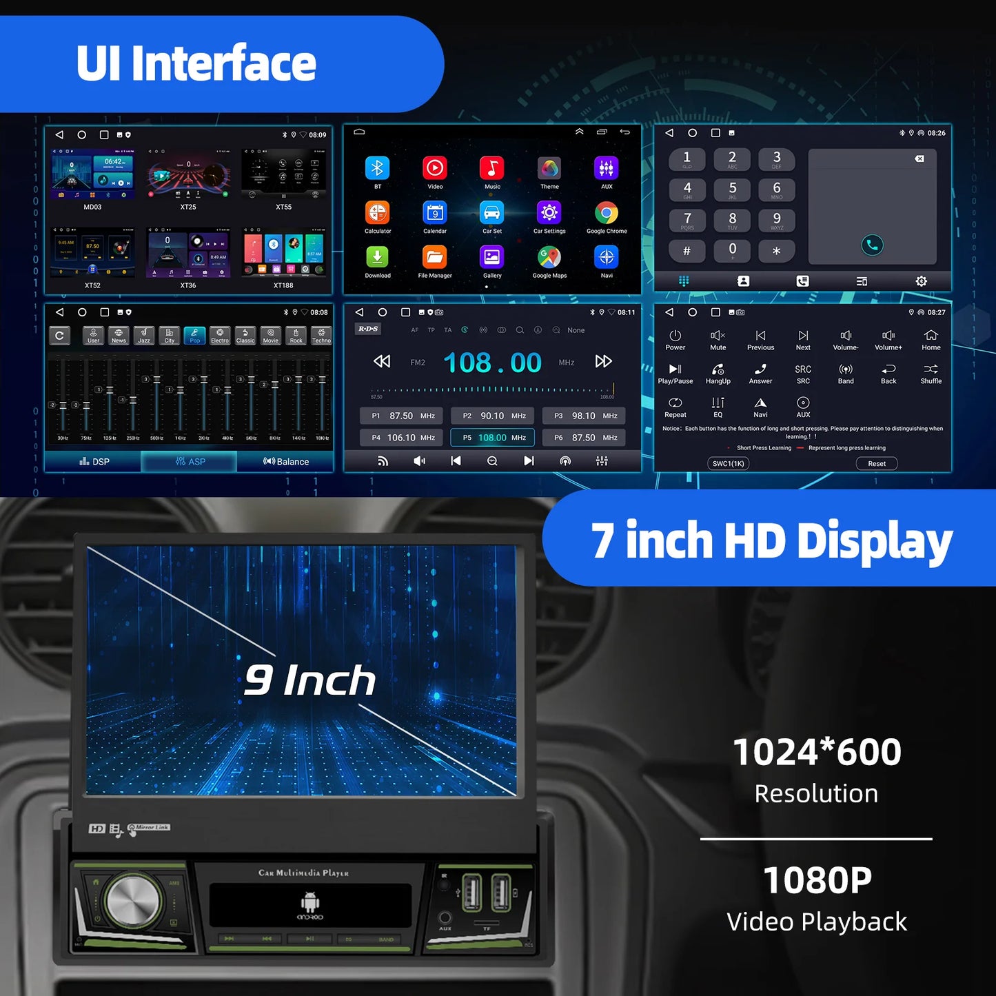 ESSGOO 1 DIN 7 Inch Flip Out Touchscreen 4+64G Android 14 Car Stereo Radio Apple Carplay GPS Navi Wifi FM RDS Bluetooth USB EQ