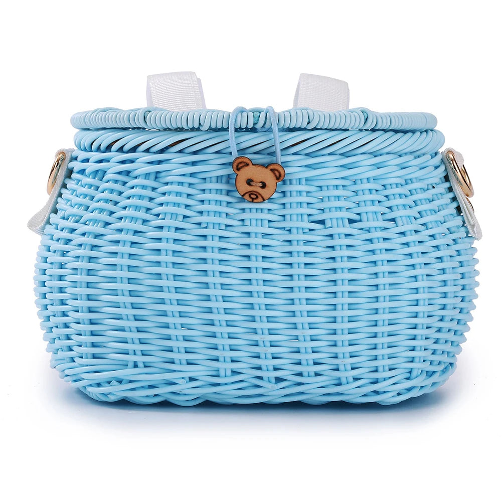 Bike Handwoven Basket Backpack with Lid Bike Scooter Tricycle Basket Adjustable Leather Straps Bicycle Accessories