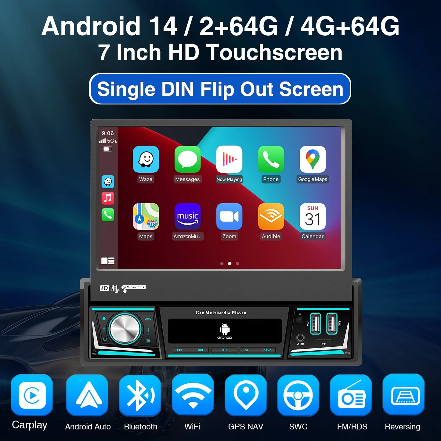 ESSGOO 1 DIN 7 Inch Flip Out Touchscreen 4+64G Android 14 Car Stereo Radio Apple Carplay GPS Navi Wifi FM RDS Bluetooth USB EQ