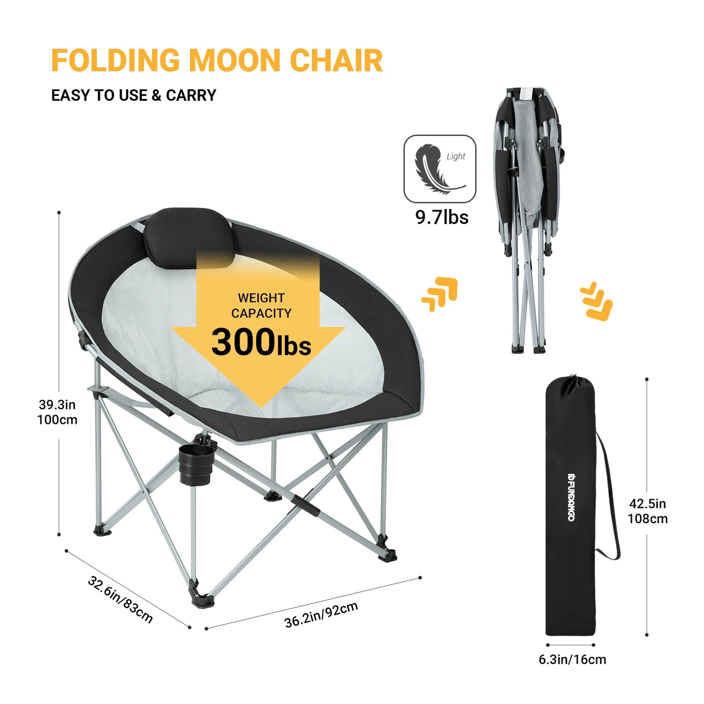 FUNDANGO oversized folding camping chair moon chair, hiking, fishing, picnic, camping, lawn, headrest, cup holder, handbag