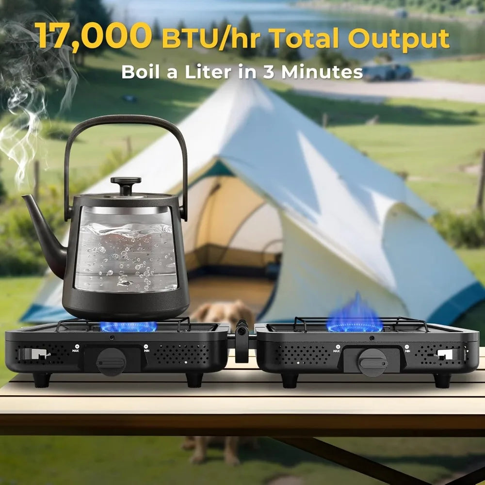 2 Burners Portable camping propane stove, 17,000 BTU camping stove, adjustable burner, outdoor cooking, barbecue