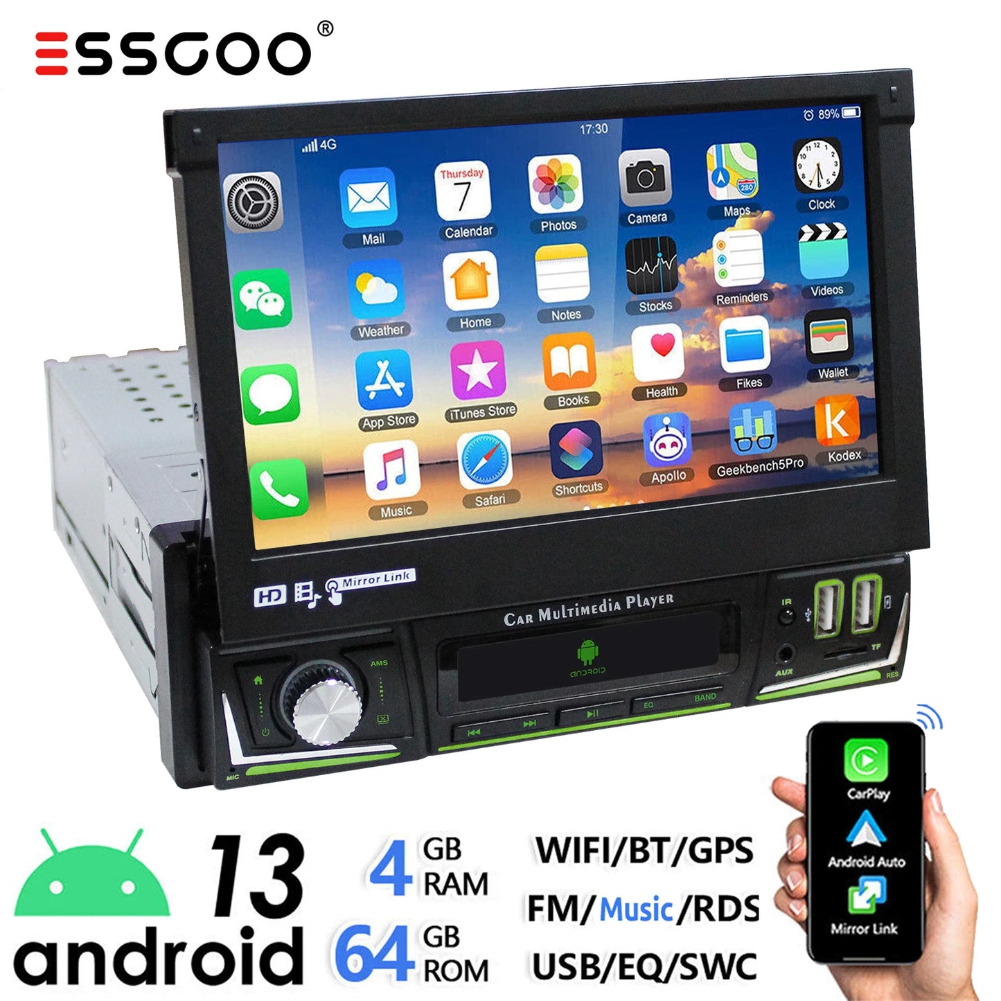 ESSGOO 1 DIN 7 Inch Flip Out Touchscreen 4+64G Android 14 Car Stereo Radio Apple Carplay GPS Navi Wifi FM RDS Bluetooth USB EQ