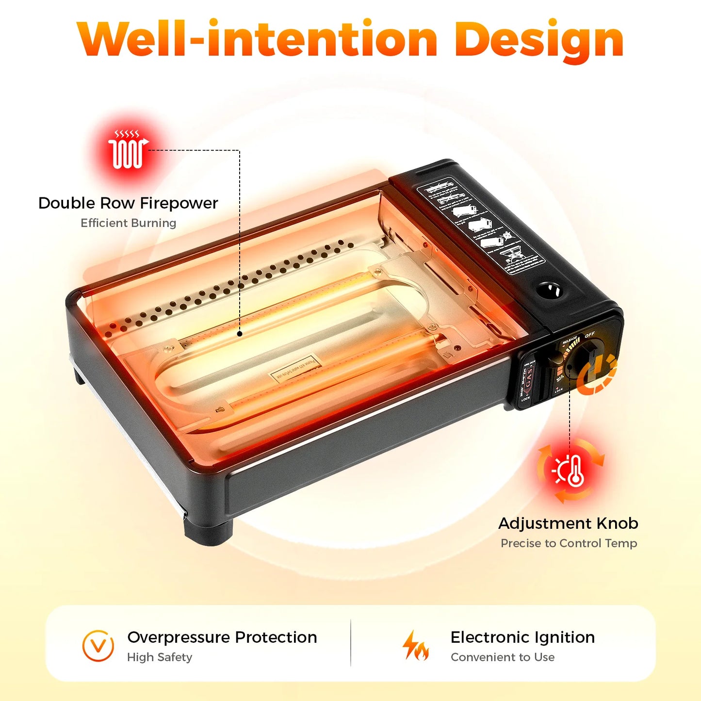 Portable Butane Camping Stove with 2 Gas Connections, Piezo-electric ignition Gas Grill Stove for Outdoor Cooking, Hiking