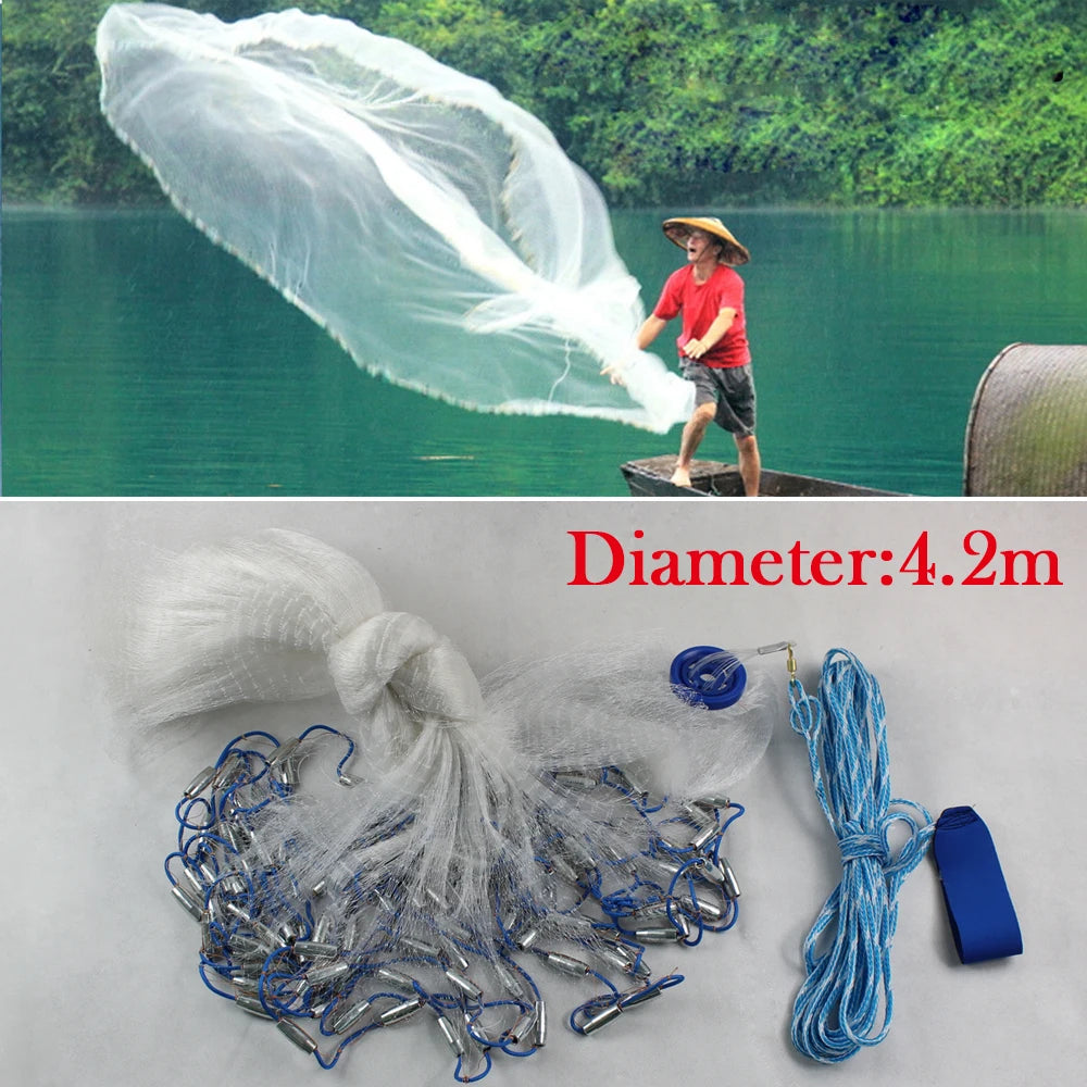 14ft Hand Cast Fishing Net Add diffuser Bait Dense Mesh Netting Hollow Sinker Durable 4.2M Full Spread Mesh