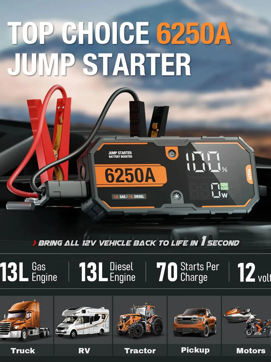 Car 6250A 30000mAh Portable 12V Jump Starter Power Bank 12V Auto Battery Charger Booster Starting Device