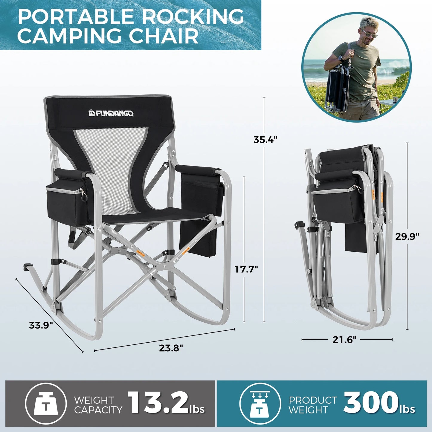 FUNDANGO Adult Swing Chair, Patio Lawn Camping Recreation, Portable, Foldable, with Storage Bag, 300 lb Load