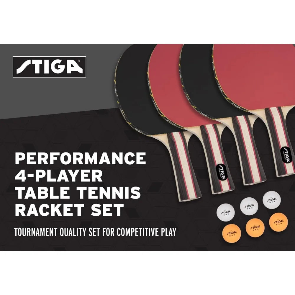 Performance 4 Player Ping Pong Paddle Set of 4 – Table Tennis Rackets, 6 – 3 Star Orange and White Balls
