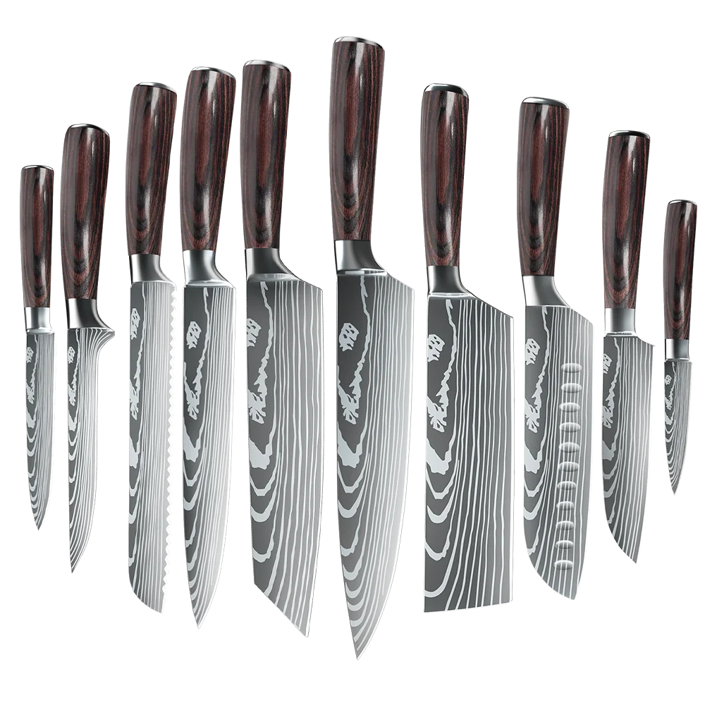 10pcs Kitchen Knives Set Laser Damascus Pattern Chef knife Ultra-Sharp Santoku Cleaver Slicing Utility Kitchen Knives Tool
