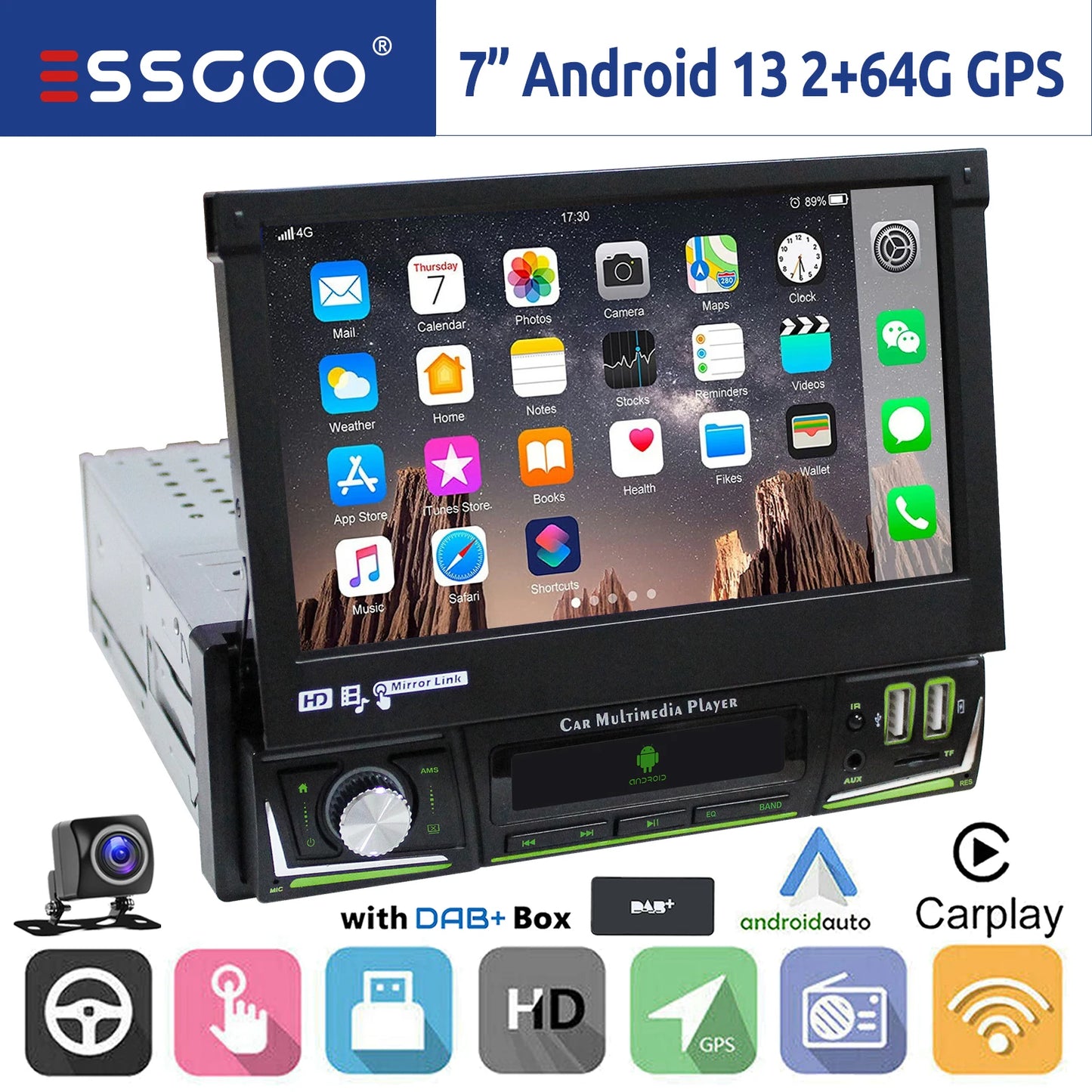 ESSGOO 1 DIN 7 Inch Flip Out Touchscreen 4+64G Android 14 Car Stereo Radio Apple Carplay GPS Navi Wifi FM RDS Bluetooth USB EQ
