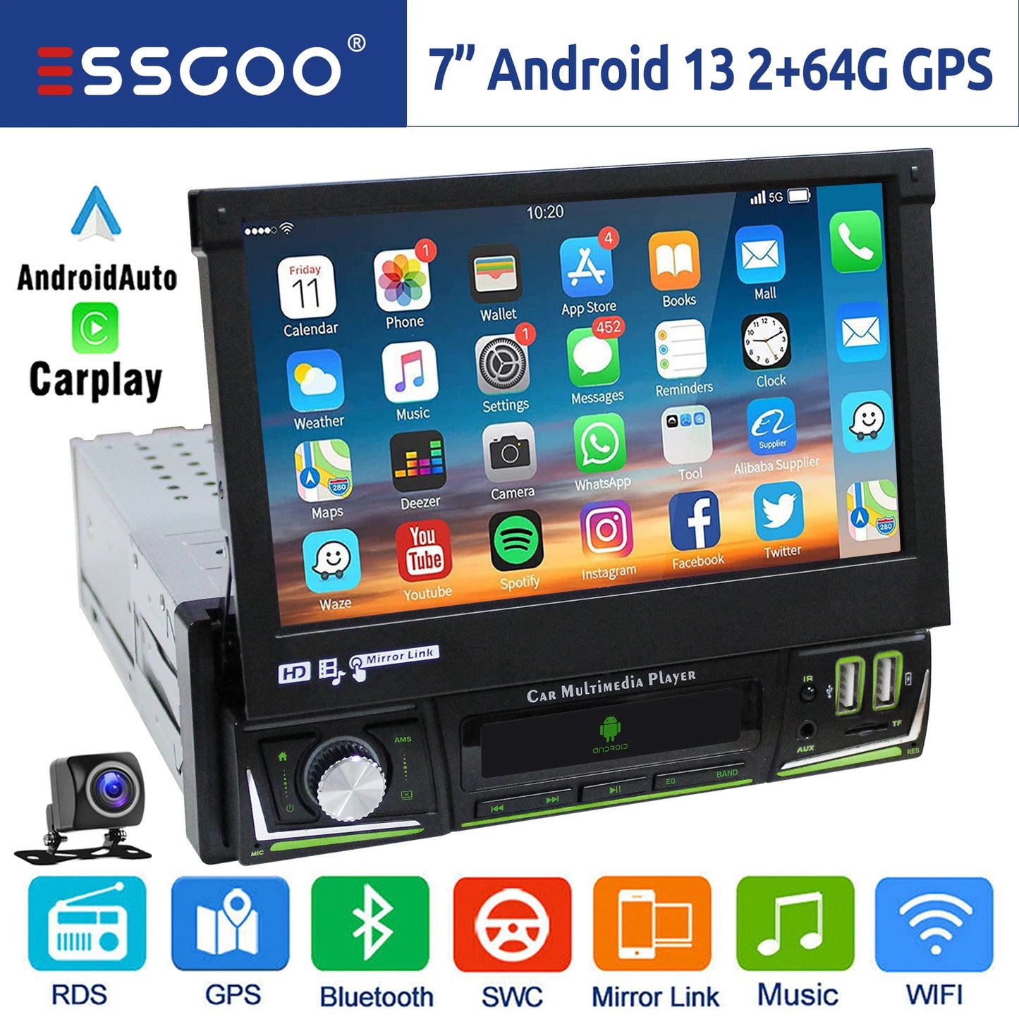ESSGOO 1 DIN 7 Inch Flip Out Touchscreen 4+64G Android 14 Car Stereo Radio Apple Carplay GPS Navi Wifi FM RDS Bluetooth USB EQ