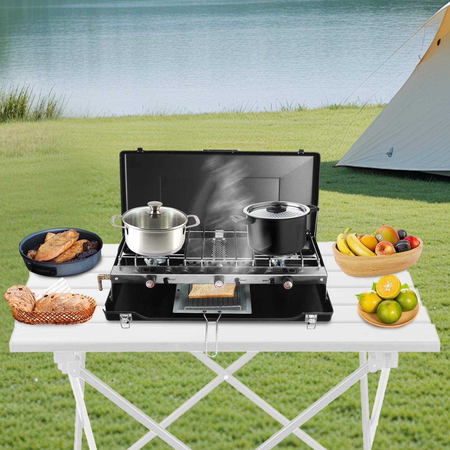 3 Burner Modern Portable Cooking Propane Butane Gas Camping Stove W/ Grid + Tray