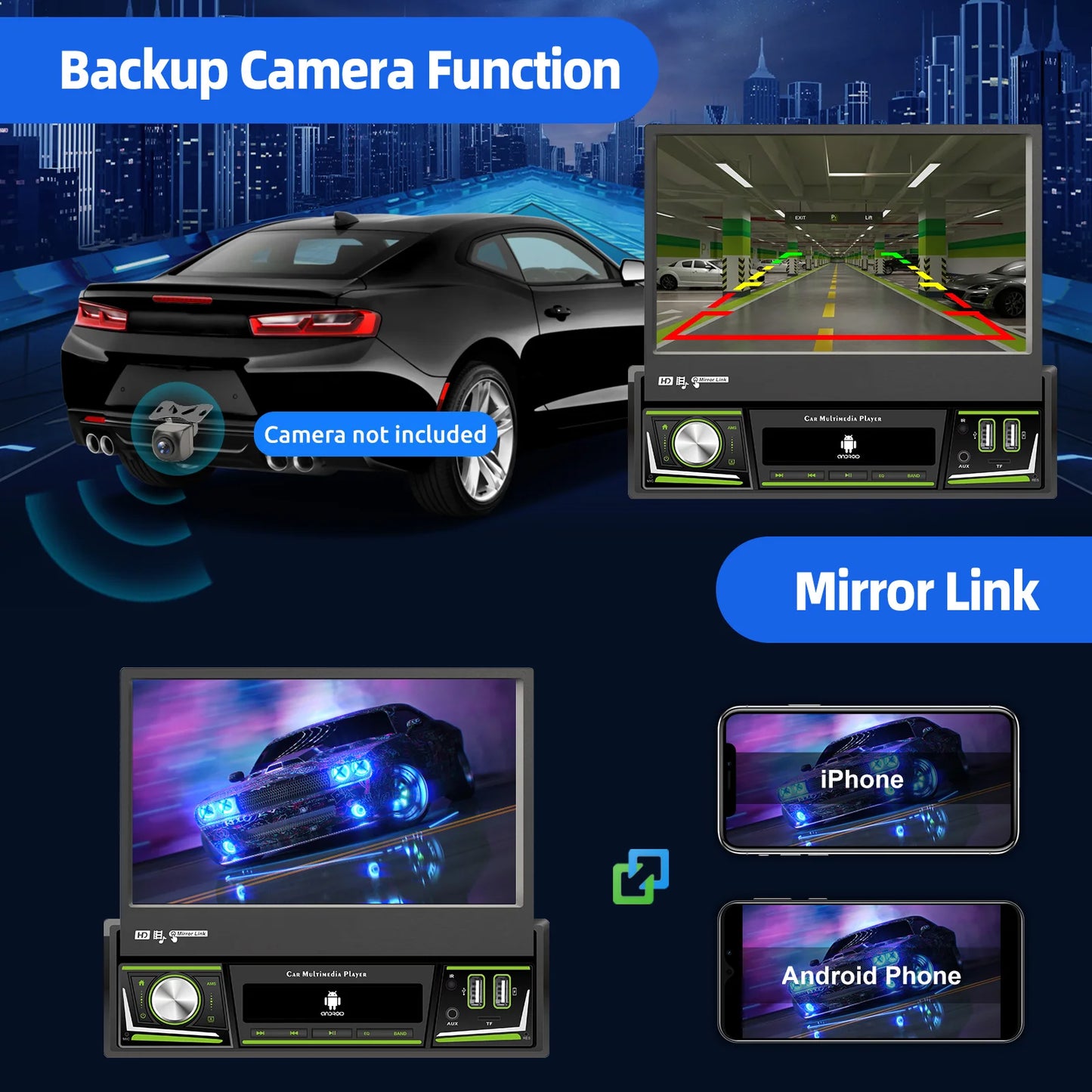 ESSGOO 1 DIN 7 Inch Flip Out Touchscreen 4+64G Android 14 Car Stereo Radio Apple Carplay GPS Navi Wifi FM RDS Bluetooth USB EQ