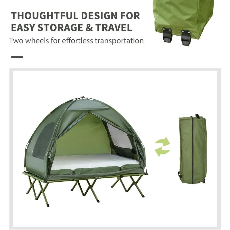 Outsunny 2 Person Foldable Camping Cot with Tent, Bedspread and Thick Air Mattress, 4-in-1 Elevated Camping Bed Tent