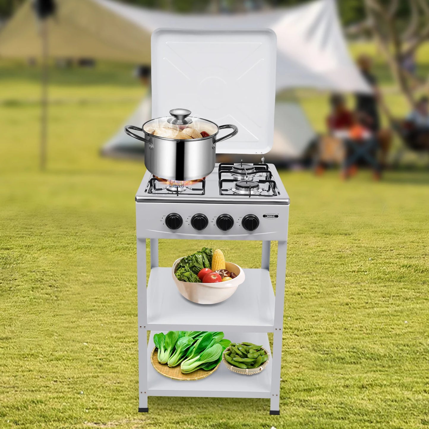 Portable Gas Stove 4 Burner with Support Leg Stand & Wind Blocking Cover Outdoor Manual Ignition Camping Stove with 2-Layer Rack