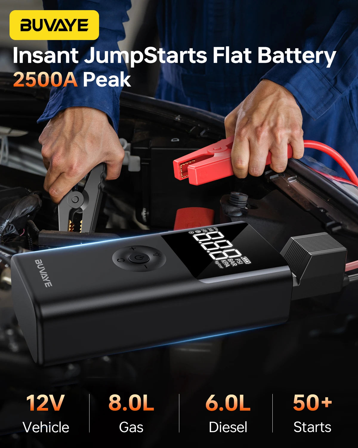 BUVAYE 4 In 1 2500A Portable Jump Starter Power Bank 150PSI Air Pump Booster Car Battery 12V Car Battery Starter Powerbank