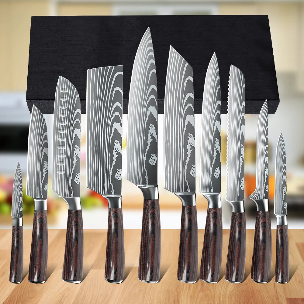 10pcs Kitchen Knives Set Laser Damascus Pattern Chef knife Ultra-Sharp Santoku Cleaver Slicing Utility Kitchen Knives Tool