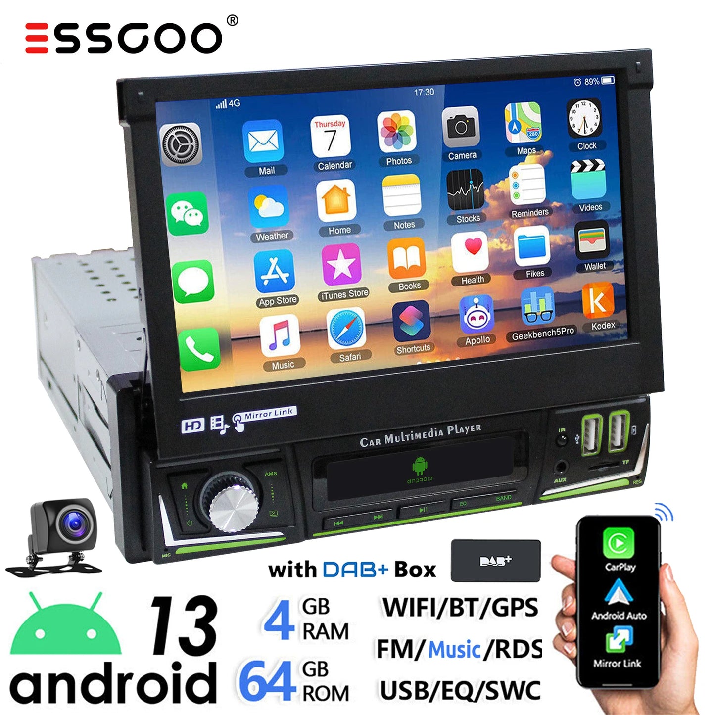 ESSGOO 1 DIN 7 Inch Flip Out Touchscreen 4+64G Android 14 Car Stereo Radio Apple Carplay GPS Navi Wifi FM RDS Bluetooth USB EQ