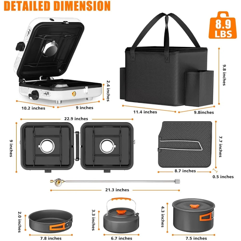 Portable 2-burner Camping Stove set Cookware, 20,000 BTU/h, outdoor cooking kit includes outdoor folding gas stove
