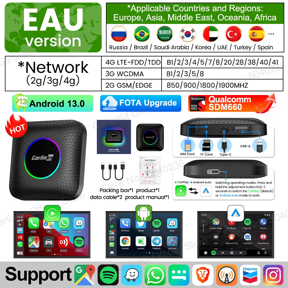 128GB CarlinKit LED Wireless CarPlay Android Auto Box CarPlay Ai Box Android 13 Video Playback Split Screen Qualcomm 8cores FOTA