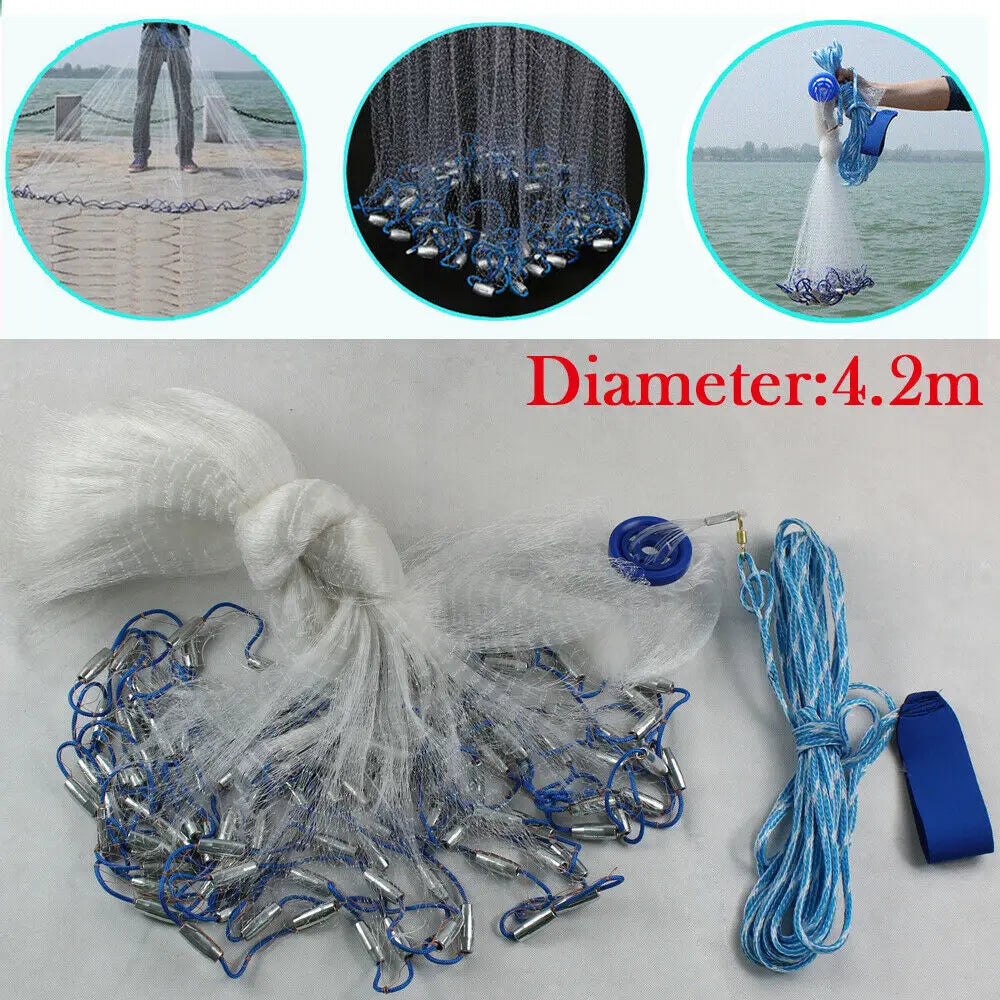 14ft Hand Cast Fishing Net Add diffuser Bait Dense Mesh Netting Hollow Sinker Durable 4.2M Full Spread Mesh