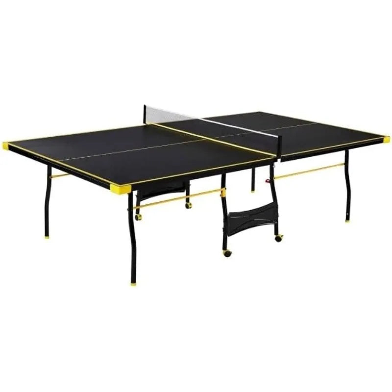 Black Yellow Folding Rolling Table Tennis Table Indoor Ping Pong Table with 2 Paddles 2 Balls 1 Net and Post Set 4 Wheels