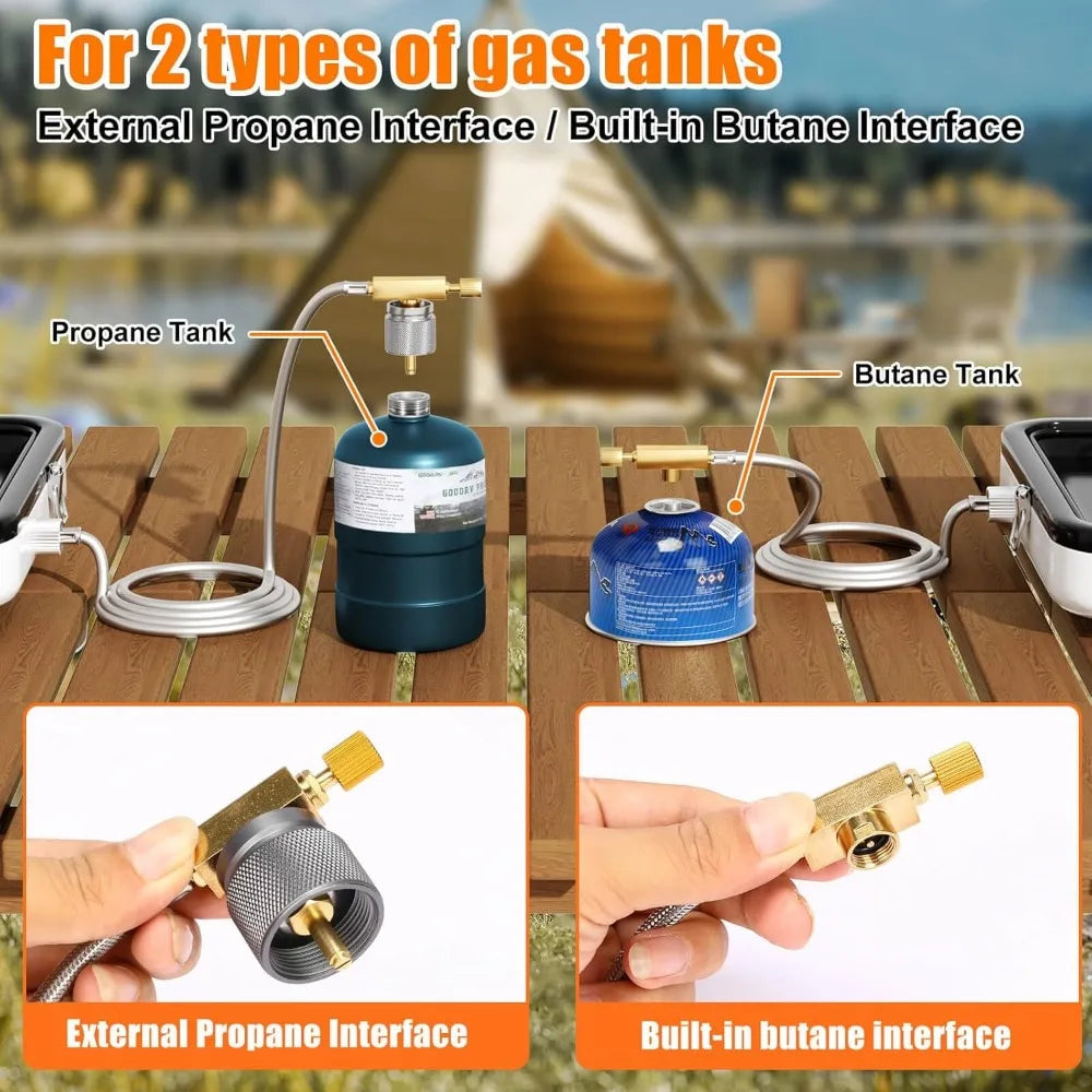 Portable 2-burner Camping Stove set Cookware, 20,000 BTU/h, outdoor cooking kit includes outdoor folding gas stove