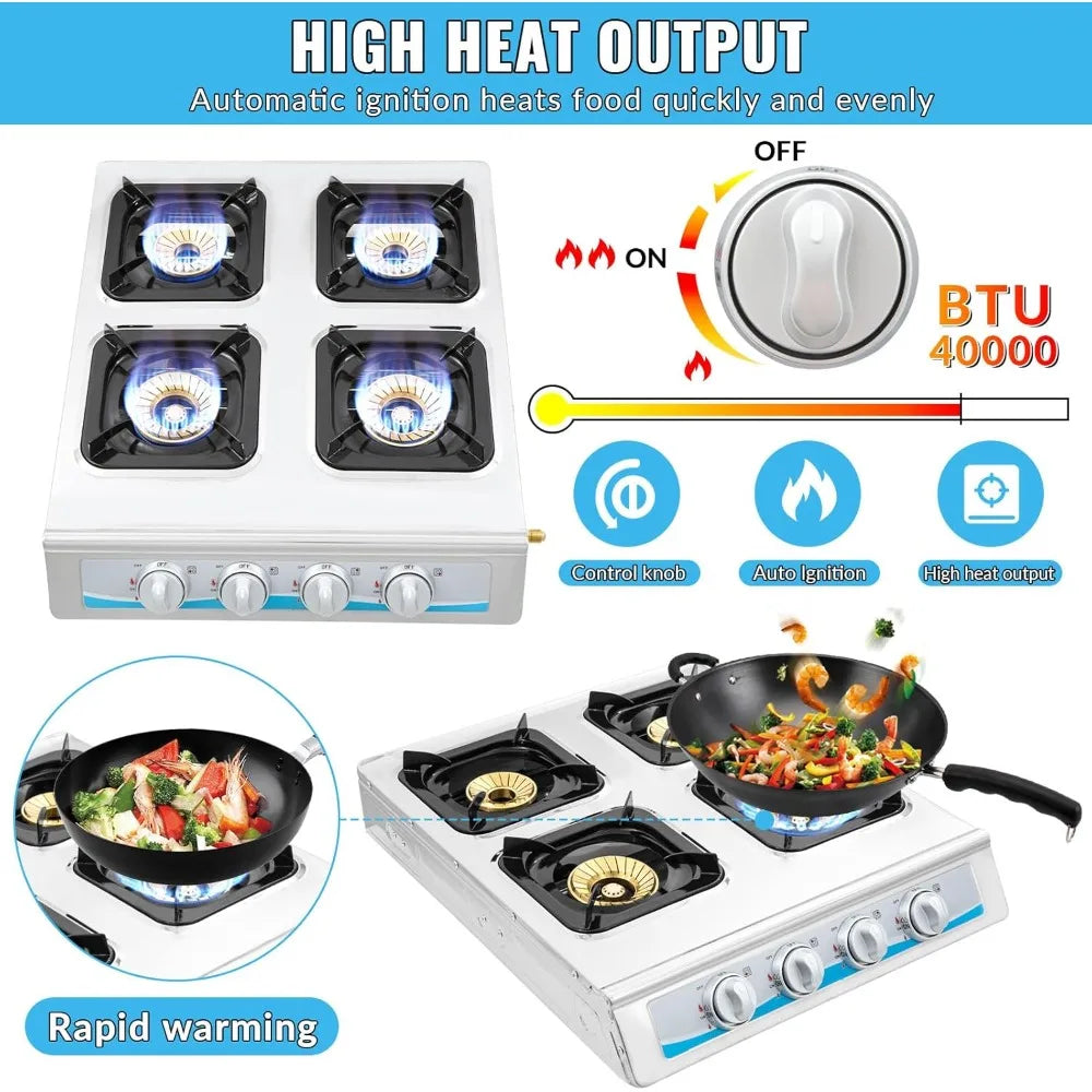 Propane gas stove, 4 burner Gas stove Portable gas stove automatic ignition camping Stainless steel stove 4 burner LPG RV