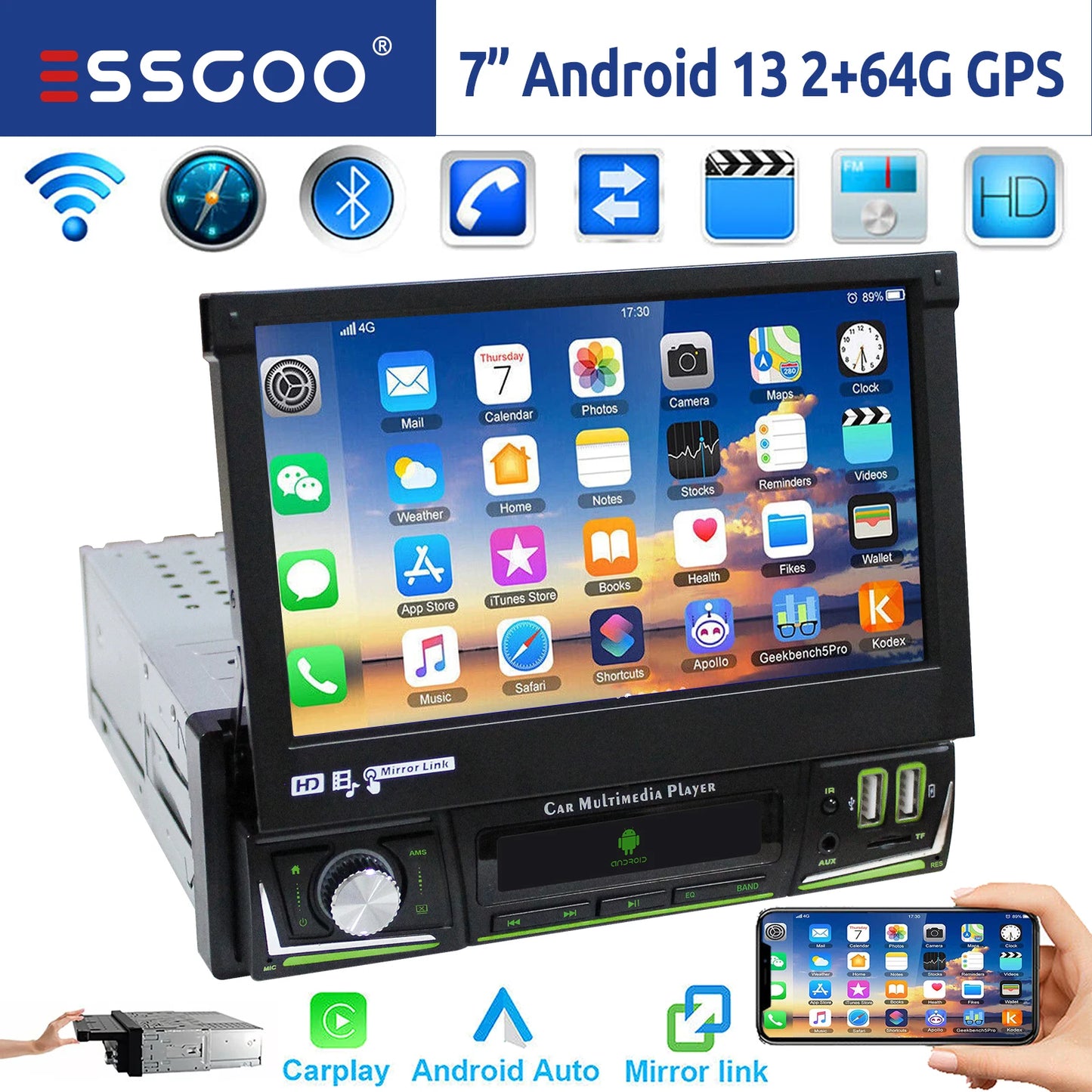 ESSGOO 1 DIN 7 Inch Flip Out Touchscreen 4+64G Android 14 Car Stereo Radio Apple Carplay GPS Navi Wifi FM RDS Bluetooth USB EQ