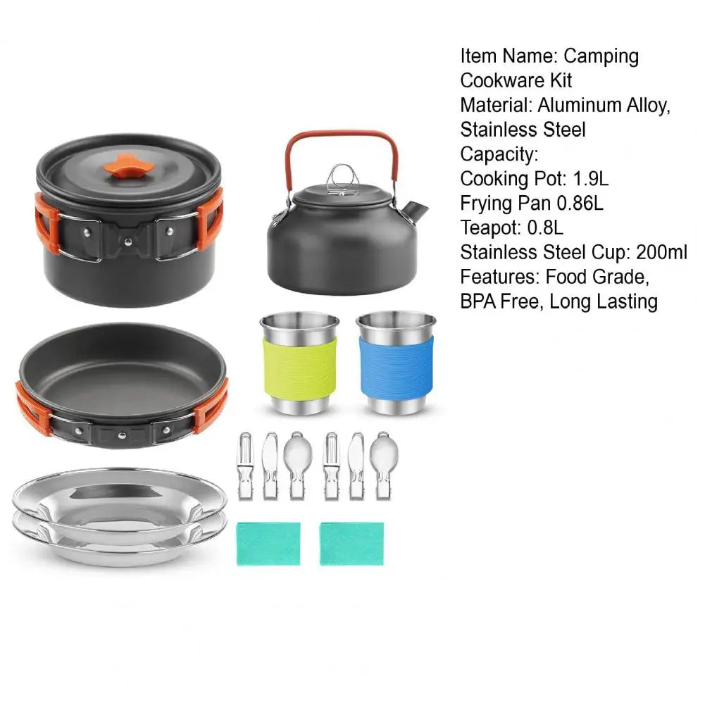 Camping Cookware Kit - Folding Pot, Pan, Kettle, Spoon, Fork, Cup for 2, Compact and Portable Non-Stick Metal Set