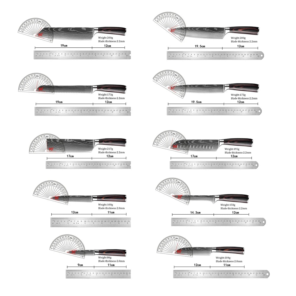 10pcs Kitchen Knives Set Laser Damascus Pattern Chef knife Ultra-Sharp Santoku Cleaver Slicing Utility Kitchen Knives Tool