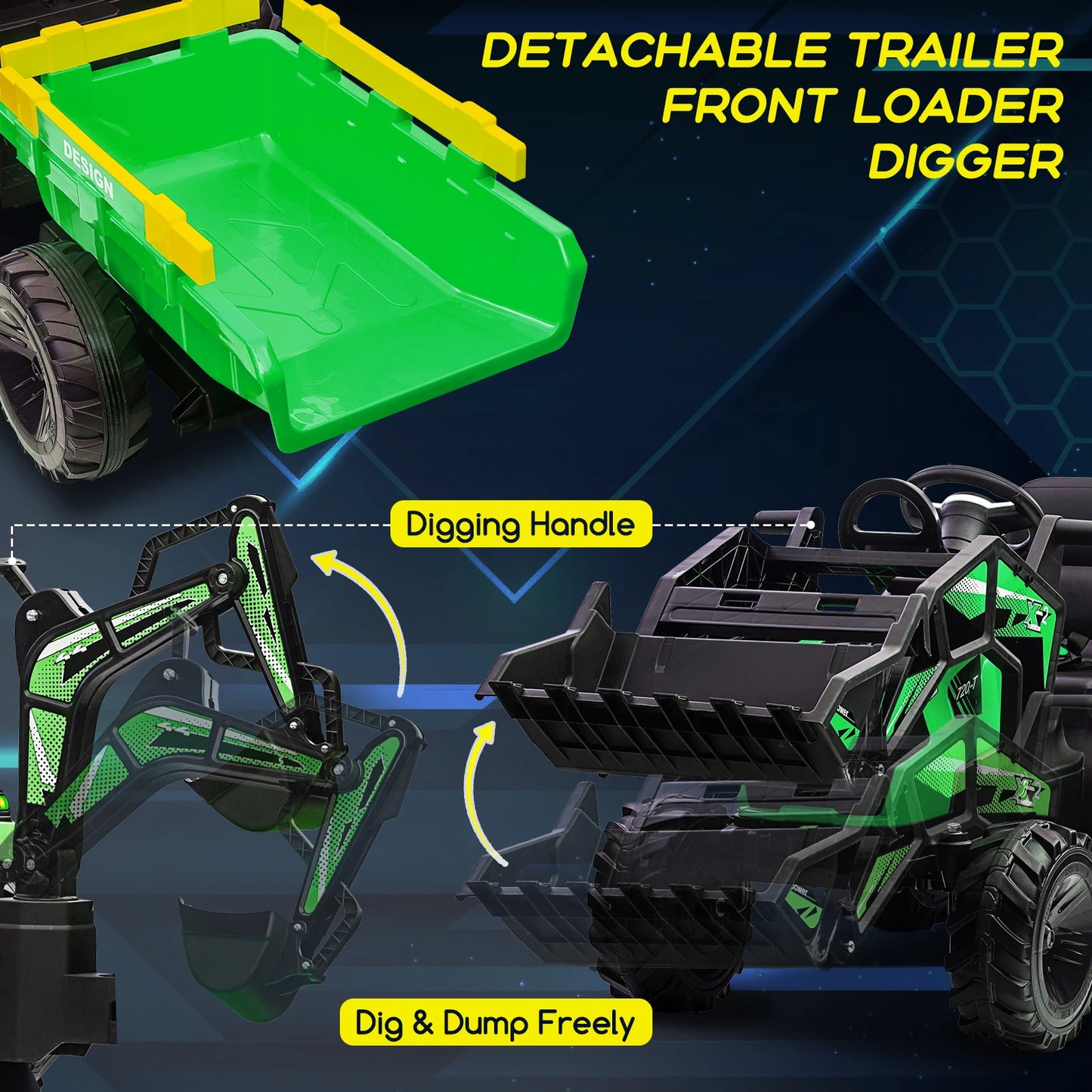 3 in 1 Ride on Tractor, Excavator & Bulldozer, 24V Electric Vehicle w/Trailer, Shovel Bucket, Digger, Remote Control, EVA Tires