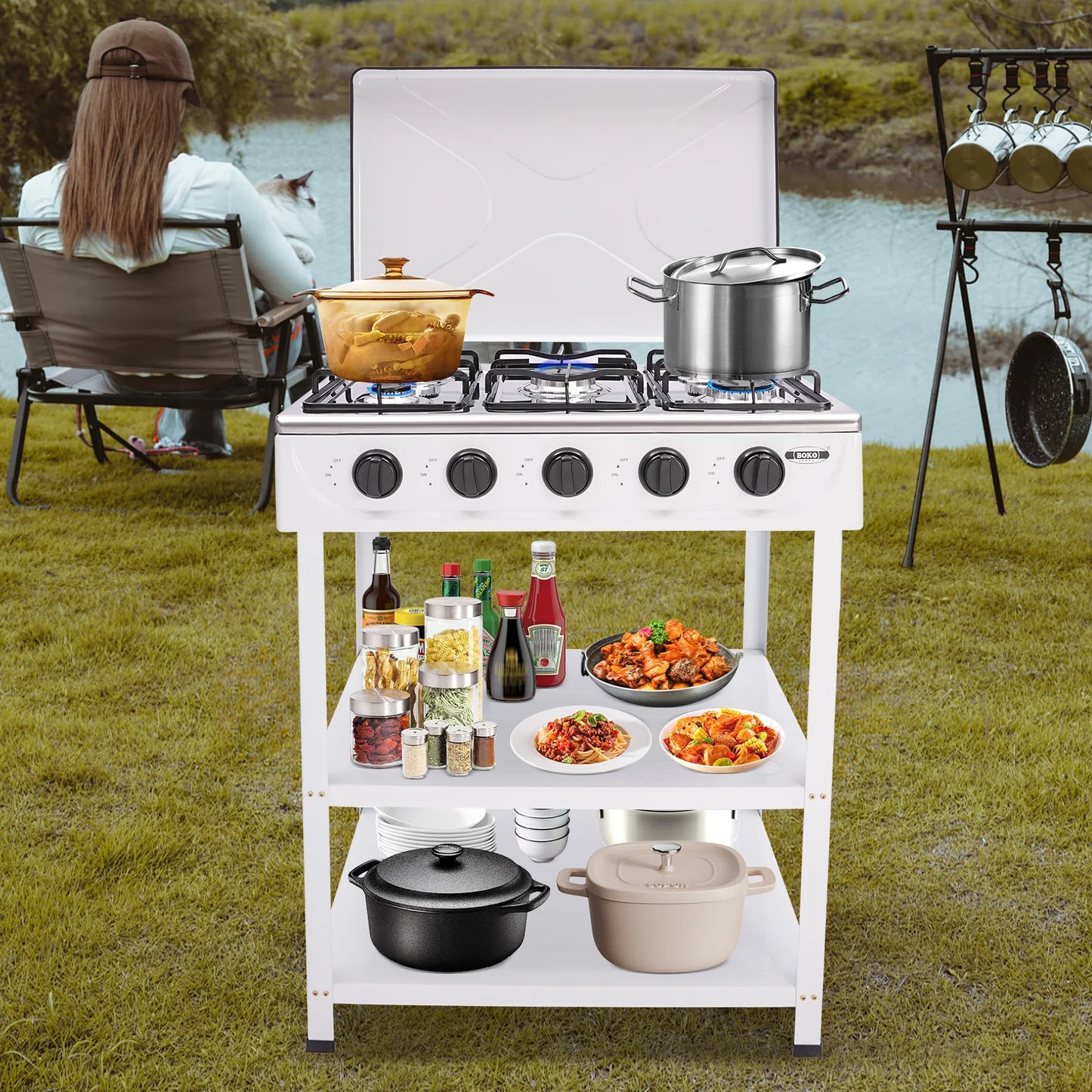 4/5 Burners Independent Control Natural Gas Stove Removable Propane Gas Stove with Cover for Outdoor Camping RV Travel