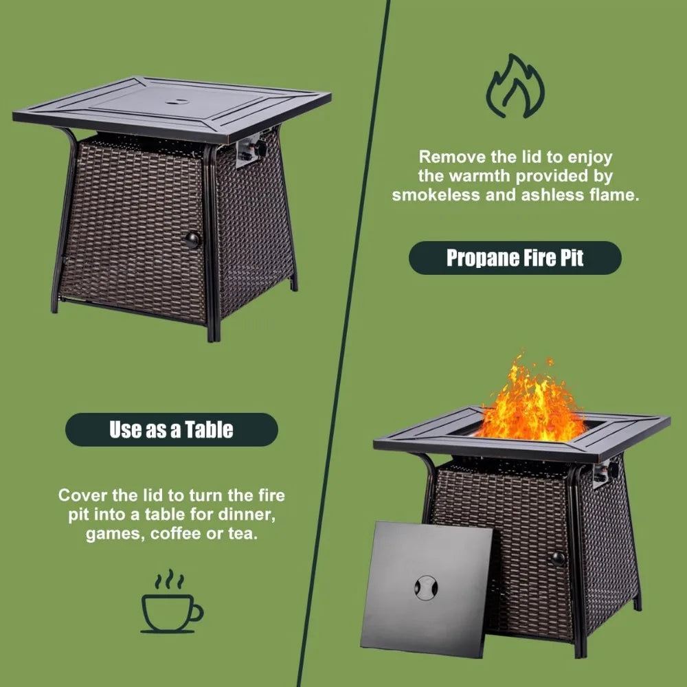 28 Inch Wicker Propane Fire Pit Table 50000 BTU With Lid