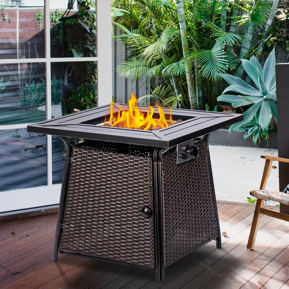 28 Inch Wicker Propane Fire Pit Table 50000 BTU With Lid