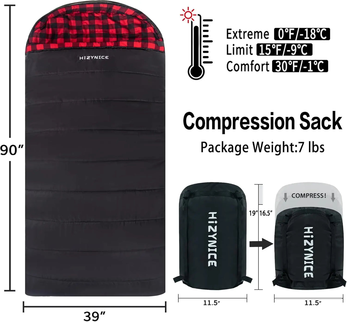 0 Degree Sleeping Bag 100% Cotton Flannel XXL for Adults Big and Tall Cold Weather Winter Zero Degree Camping,Free Compression