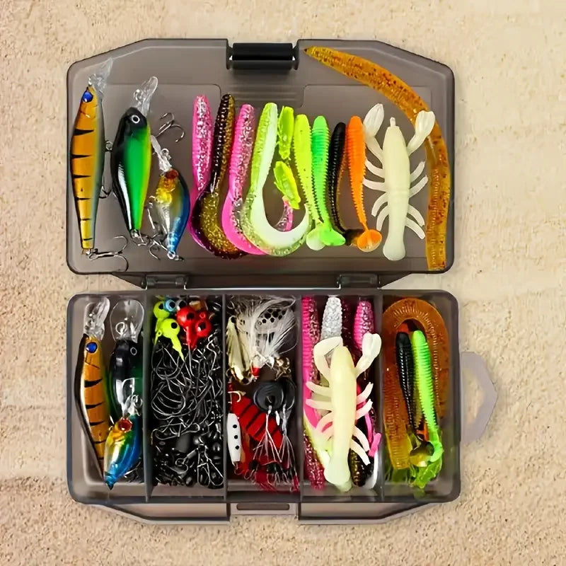 125pcs Complete Bionic Fishing Kit | Lifelike Hard/Soft Lures (4g-8g) + Adjustable Sinkers & Safe-Lock Hooks | All-in-One Tackle