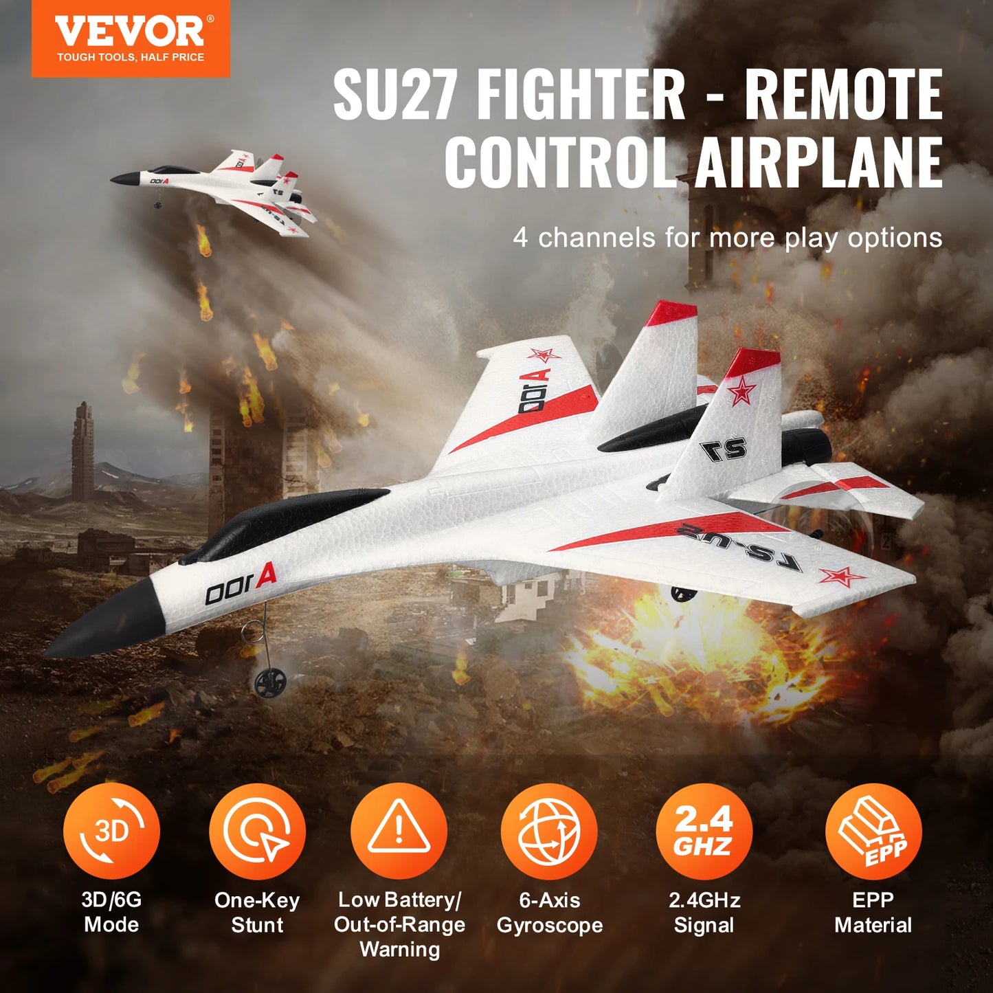 VEVOR SU27 RC Plane 2.4G Foam Airplane With Two Batteries