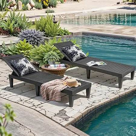 Set Of 2 Outdoor Pool Lounge Chairs 5 Position Adjustable