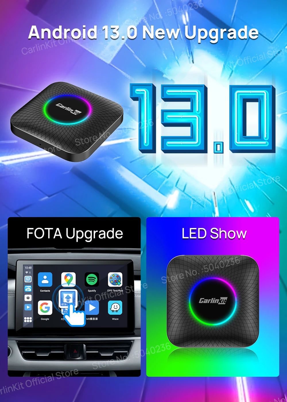 128GB CarlinKit LED Wireless CarPlay Android Auto Box CarPlay Ai Box Android 13 Video Playback Split Screen Qualcomm 8cores FOTA