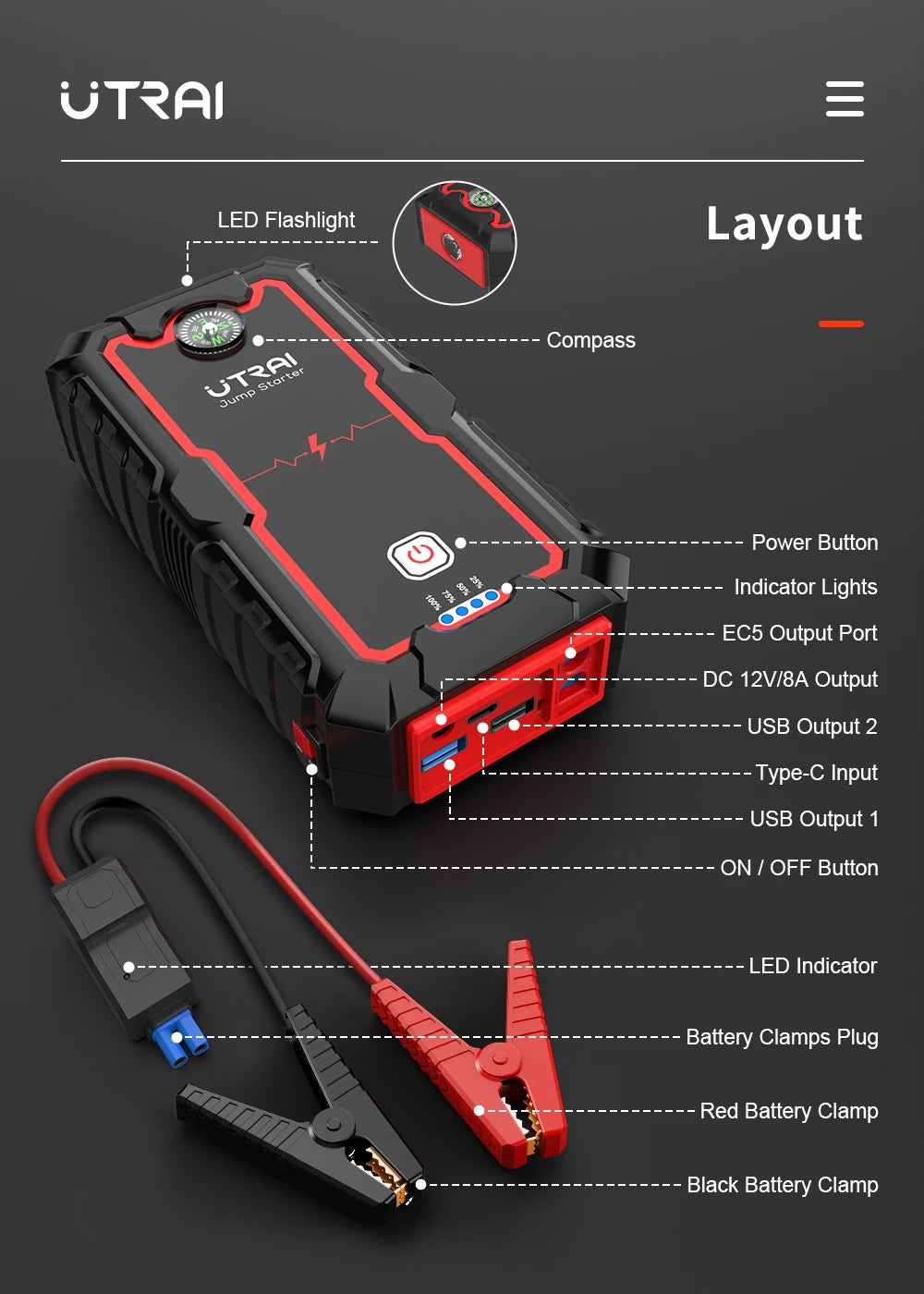 UTRAI Power Bank 2000A Jump Starter Portable Charger Car Booster 12V Auto Starting Device Emergency Car Battery Starter