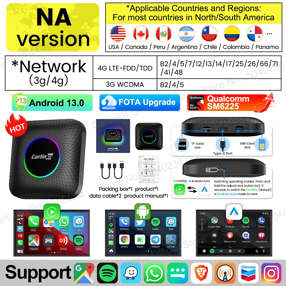 128GB CarlinKit LED Wireless CarPlay Android Auto Box CarPlay Ai Box Android 13 Video Playback Split Screen Qualcomm 8cores FOTA